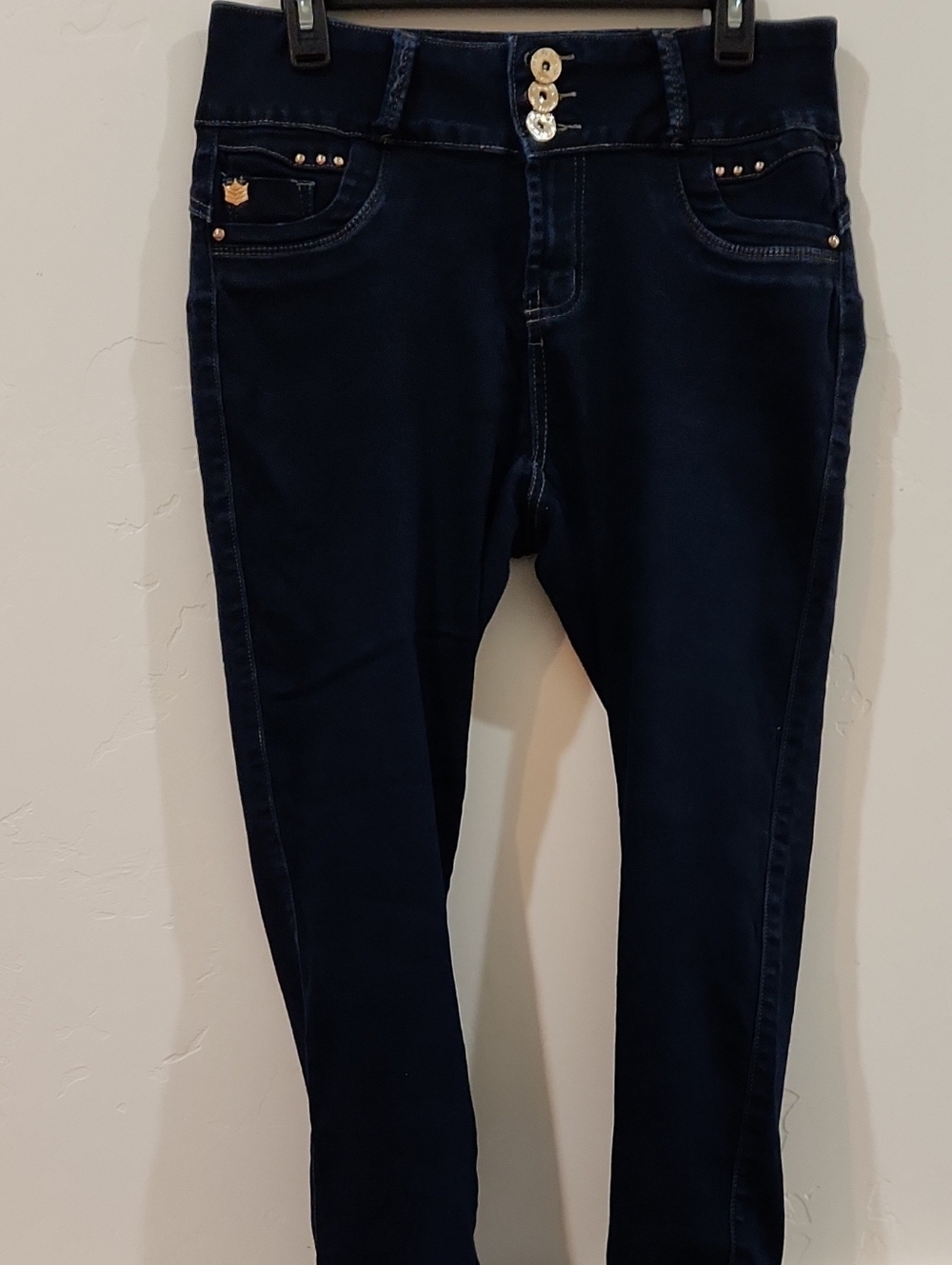 Sexy Coutour Women's Dark Blue Skinny Jeans with Gold Accent Buttons